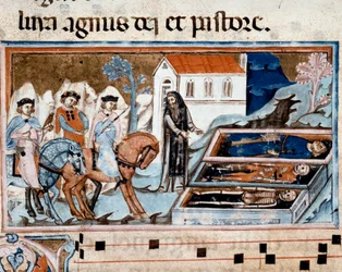 La Rencontre des trois vifs et des trois morts (ou Dit). Les trois vivants et un ermite devant les trois cercueils présentant des cadavres à différents stades de décomposition. Miniature tirée du « Laudario Magliabecchiano ». XIVe siècle. Florence