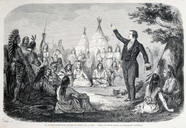 Le prophète mormon Joseph Smith prêchant aux Indiens (Amérique du Nord). Illustration du 19ème siècle