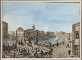 Le pont rouge sur la rivière Moïka à Saint-Pétersbourg