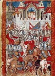 Le siège de Pampelune en Espagne par Charlemagne, victoire contre les Sarrasins. Miniature de l