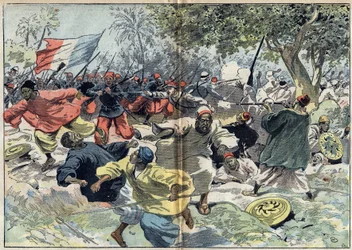 Les troupes soudanaises de Samory Touré (vers 1835-1900) étaient placées derrière les rives de la rivière Cavalby par une colonie française sous le lieutenant Walfel. Soudan, 9 septembre 1898. Illustration dans « Le Pèlerin » du 9 octobre
