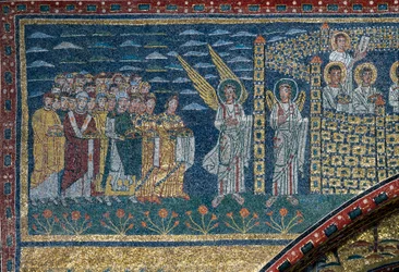 La Vision de Jérusalem Céleste : Les Élus se dirigent vers la ville gardée par des anges. (détail)