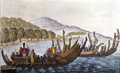 Le départ des Polynésiens pour le Pacifique à bord de pirogues à double coque. Lithographie du début du 19ème siècle