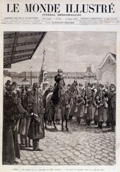 Le départ de la compagnie du 200e régiment. Salut au drapeau à la gare de Lyon. « Le Monde Illustré ». 23/03/1895. Dessin