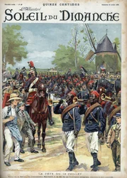 La fête du 14 juillet : le commandant Marchand à la tête des cavaliers sénégalais. Gravure dans Le sun-du-dimanche, 23 juillet