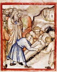 Les funérailles de Sarah. Miniature du codex 212 (ou padovano codice ou Bible de Padoue) 1390-1400 Rovigo, Accademia dei Concordi