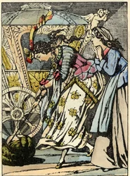 La bonne fée transforme la citrouille en carrosse sous les yeux de Cendrillon. Illustration du conte de Charles Perrault « Cendrillon ou La petite pantoufle de verre »