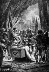 Le gouverneur place les clés de Châteauneuf de Randon sur le cercueil de Bertrand Du Guesclin (1320 - 1380), un homme de guerre breton et un patriote français contre les Anglais. Gravure du 19ème siècle