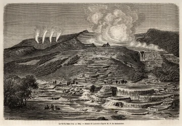 La source chaude de Te Tarata, entourée de terrasses superposées de silice blanche, à gauche, quatre geysers et à droite, lac et cascade, dessin de Lancelot, pour illustrer le voyage de Ferdinand de Hochstetter en Nouvelle-Zélande de 1858 à 1860. Gravure