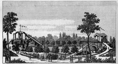 Le saut du Niagara au jardin Ruggieri, rue Saint-Lazare à Paris vers 1824. Dans "La Nature. Revue des sciences et de leurs applications aux arts et à l