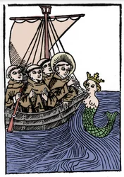 La légende de Saint Brendan (Brandan), héros et saint irlandais du VIe siècle. La rencontre de Saint Brendan avec la sirène. Gravure de « Die Wunderbare Meerfahrt des Hl. Brandan » Bâle