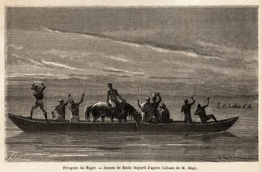 Les longues pirogues des Bambaras sur le fleuve Niger, manœuvrées avec de longues perches, peuvent transporter plusieurs personnes et même du bétail ou des chevaux. Gravure pour illustrer le voyage au Soudan occidental du lieutenant (Marine) M. Mage, en 18