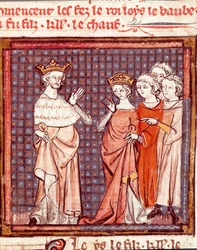 Le mariage de Louis II le Bègue (846-879) roi des Francs et Adélaïde de Frioul en 875. Miniature tirée de "Grandes Chroniques de France" 1375-1379 Bibliothèque municipale, Castres