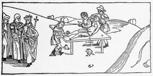 Le martyre de Saint Jacques le Majeur infligé par Hérode Agrippa, roi de Judée. Gravure de "Leben der Heiligen - sommerteil" (Le livre des saints) par Jacques de Voragine (1228-1298). Lübeck 1488