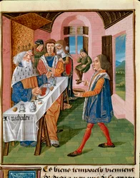 Le repas du roi de Sicile, Arthagogles. Miniature du « Livre des bons mœurs » par Jacques le Grand (1360-1415/1418), dédié à Jean Duc de Berry