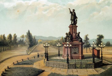 Le monument au navigateur Christophe Colomb (Cristoforo Colombo, Cristobal Colon) (1451-1506) sur le Paso de la Reforma à Mexico, Mexique. Chromolithographie de 1885