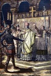 Le meurtre de saint Thomas Becket dans la cathédrale de Canterbury, le 29 décembre 1170, par des chevaliers de la cour du roi Henri II - gravure sur bois