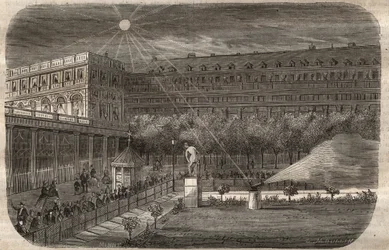 Le canon de midi (canon solaire) au Palais Royal à Paris. Gravure de 1857 dans « Le Musée des Sciences »