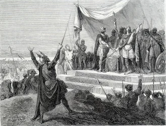 Le serment des deux frères devant leur armure : Charles II le Chauve et Louis II le Germanique prêtent serment contre Lothaire Ier (Serments de Strasbourg 842). Gravure du XIXe siècle.
