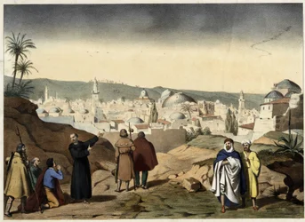 Les pèlerins arrivent à la ville de Jérusalem. Gravure anonyme du milieu du 19ème siècle - dans "Grand Catéchisme des Familles"