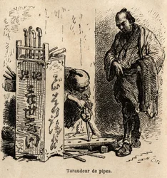La machine à tarauder les tuyaux dans son atelier: pour tarauder les tuyaux, il utilise une simple planche percée de trous de tailles inégales, montée dans une spirale de fer. Gravure illustrant le voyage au Japon d