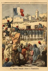 Le lever du drapeau français à Tombouctou (Mali) par le lieutenant-colonel François Xavier Bonnier (1857-1944) lors de la conquête française du Soudan français (actuel Mali)