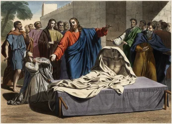 La résurrection du fils de la veuve de Naïm : Jésus-Christ ressuscite le fils unique de la veuve. Gravure du milieu du XIXe siècle.