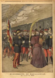 Le retour du 200e régiment du colonel Brice Bizot (1848-1929) à Port-Vendres, où les dames de Perpignan leur ont offert une palme tricolore pour célébrer leur héroïsme. Gravure dans "Le petit journal" 5/01/1896. Collection Selva.