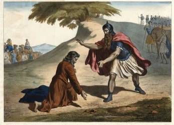 Le retour de Jacob et sa rencontre avec Ésaü - Jacob retourne en terre de Canaan avec ses femmes et ses enfants : il rencontre son frère Ésaü. Gravure de la moitié du XIXe siècle