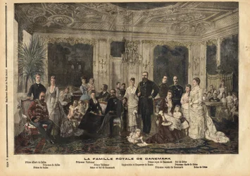 La famille royale du Danemark, assise au centre, la reine Louise de Hesse-Kassel (1817-1898) et le roi Christian IX de Danemark (1818-1906) surnommé « le beau-père de l
