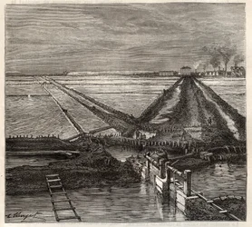 Le marais salant de Giraud en Camargue (Bouches-du-Rhône), vue prise du canal de service - gravure dans 