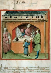 Le marchand de sel Enluminure du commerce de la médecine et de la diététique « Tacuinum sanitatis »