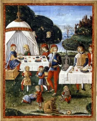 Le goûter de Maximilien Sforza (1490 - 1530) dans le parc. Miniature d