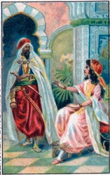 Le sultan et la princesse. Conte Histoire du cheval enchanté dans Les mille et une nuits. Chromolithographie de la fin du XIXe siècle.
