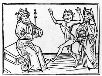 Le procès de Belial : «Le démon Belial danse devant le juge Salomon». Gravure tirée du «Procès de Belial» de Jacobus de Teramo (ou Palladino), Augsbourg