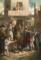 Le triomphe de Mardochée (ou Mordekhai ou Mardochée), personnage biblique (Ve siècle av. J.-C.). Dans "El Culto de la Hermosura" par Juan Justo Huguet, Molinas Hermanos éditeurs.