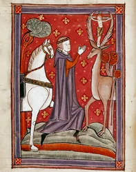 La vision de Saint Eustache. Saint Eustache face à un cerf portant une image du Christ crucifié entre ses bois. Miniature tirée d