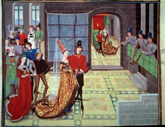 Le mariage de Renaud et Clarisse, en arrière-plan la nuit de noces. Miniature du manuscrit « Renaud de Montauban » ou « Les quatre fils Aymon » par Loyset Liedet (actif entre 1448 et 1478). Ms. 5073. 15ème siècle Bibliothèque de l