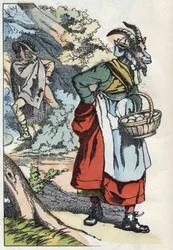 Le loup cherche la chèvre quittant sa maison. Illustration du conte "Compère le Loup, Maître Renard, Commère la Chèvre et ses petits biquets" d