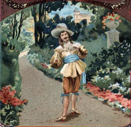 Théophile de Viau (1590-1626) poète et dramaturge français composant le poème « la maison de Sylvie » au Château de Chantilly. Chromolithographie de la fin du 19e siècle
