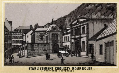 Établissements thermaux de Choussy à La Bourboule dans le massif des Monts Dore, dans le département du Puy-de-Dôme en Auvergne. Chromolithographie de la fin du 19ème siècle