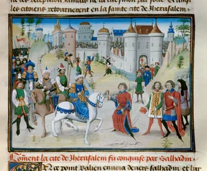 Troisième croisade : la capture de Jérusalem par le sultan Saladin (1138-1193) en 1187. Miniature de la « Chronique abrégée » de David Aubert
