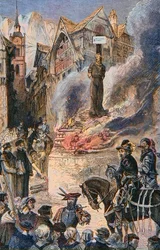 Torture de Michel Servet à Genève (Michael Servetus) (Michel de Villeneuve), médecin et théologien espagnol (1511-1553) - La torture de Michel Servet (Miguel Serveto) (1511-1553) à Genève, médecin et théologien espagnol, gravure