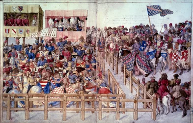 Tournoi : Les chevaliers tournoyants prêtent serment dans la compétition devant les tribunes des seigneurs. Miniature dans « Traité des tournois »