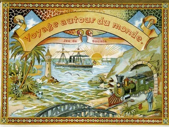 Train, phare et bateau, couverture du jeu « Voyage autour du monde », 19e siècle