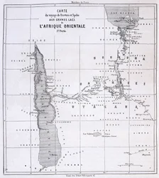 Carte de voyage de Richard Francis Burton, explorateur britannique (1821-1890) et Speke aux Grands Lacs de l