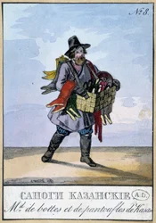 Marchand ambulant de bottes et de pantoufles par Kasan - Gravure du 19ème siècle
