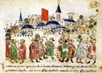 Des pèlerins en voyage arrivent à Rome. XIVe siècle. Chroniques de Sercambi. Lucques, Archives nationales