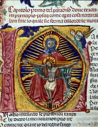 Trinité (la colombe du Saint-Esprit est visible dans la barbe du Père). Codex enluminé