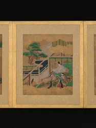 Douze scènes du conte de Genji, milieu du 17e siècle (album de douze feuilles ; encre et couleur sur papier moucheté d